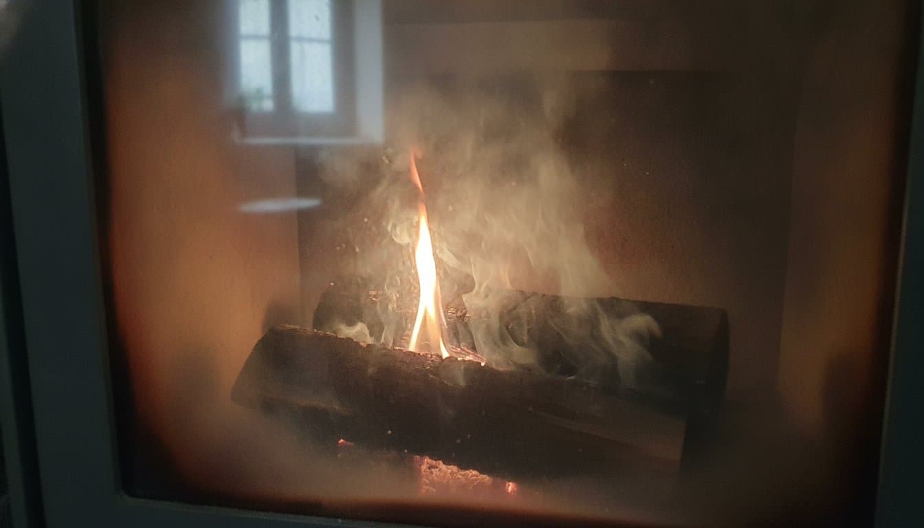 Flamme faible et jaunâtre peinant à prendre sur des bûches qui fument dans un poêle à bois
